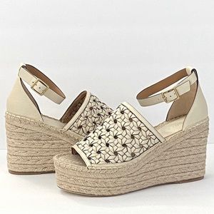 Tory Burch Basket Weave Leather Espadrille Wedge Rope Sandals New